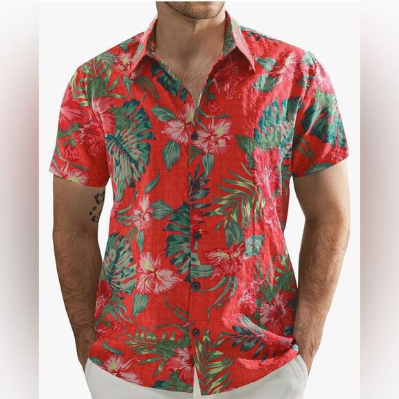 Other - Jogal Tropical Red Green Floral Hawaiian Shirt Men’s Size M